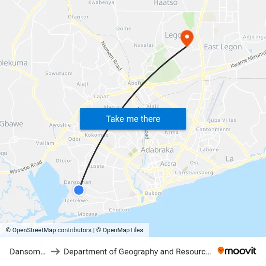 Dansoman Market to Department of Geography and Resource Development, University of Ghana map