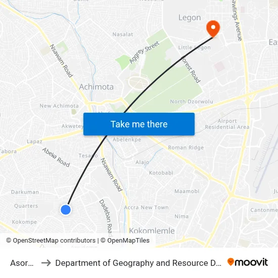 Asoredanho to Department of Geography and Resource Development, University of Ghana map