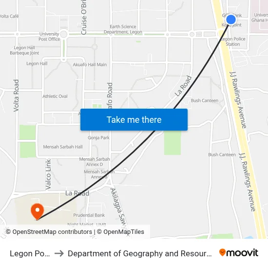 Legon Police Station to Department of Geography and Resource Development, University of Ghana map