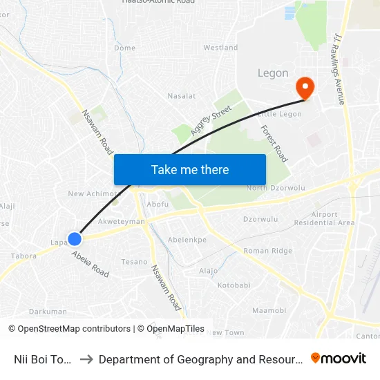 Nii Boi Town Junction to Department of Geography and Resource Development, University of Ghana map