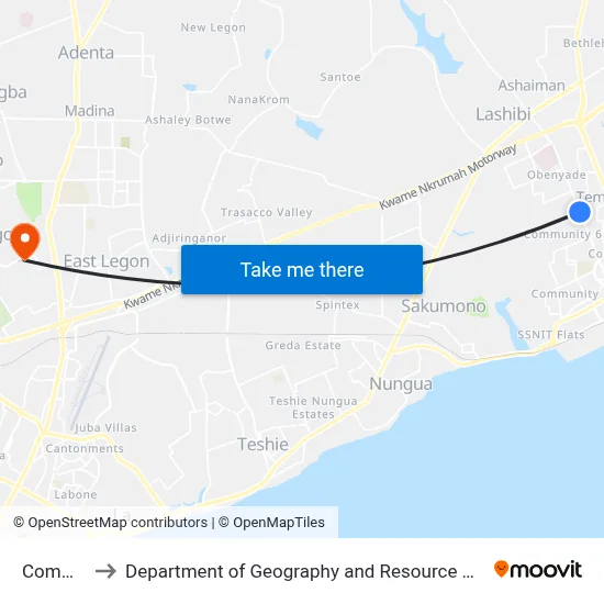 Community 6 to Department of Geography and Resource Development, University of Ghana map