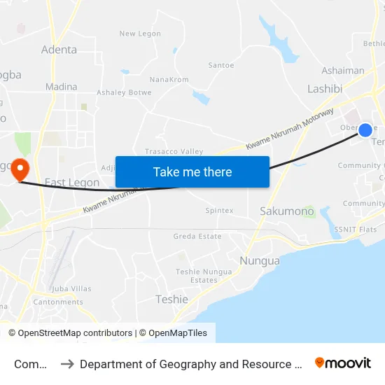 Community 8 to Department of Geography and Resource Development, University of Ghana map