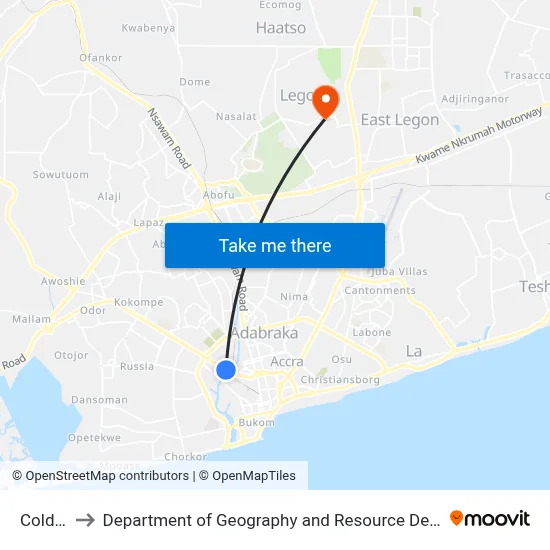 Cold Store to Department of Geography and Resource Development, University of Ghana map