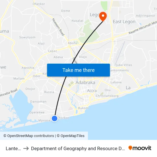 Lantemame to Department of Geography and Resource Development, University of Ghana map