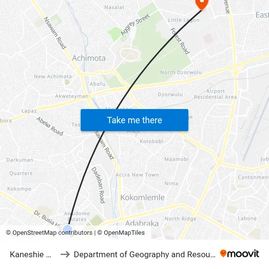 Kaneshie Market Station to Department of Geography and Resource Development, University of Ghana map