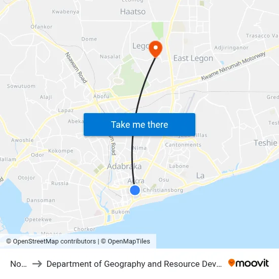Novotel to Department of Geography and Resource Development, University of Ghana map