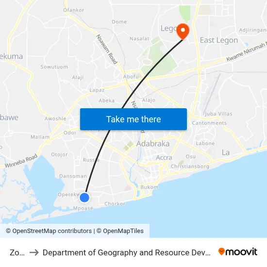 Zone 6 to Department of Geography and Resource Development, University of Ghana map