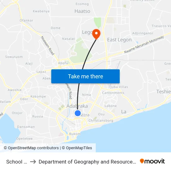 School Junction to Department of Geography and Resource Development, University of Ghana map