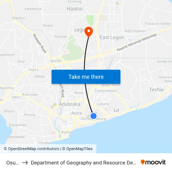 Osu Shell to Department of Geography and Resource Development, University of Ghana map