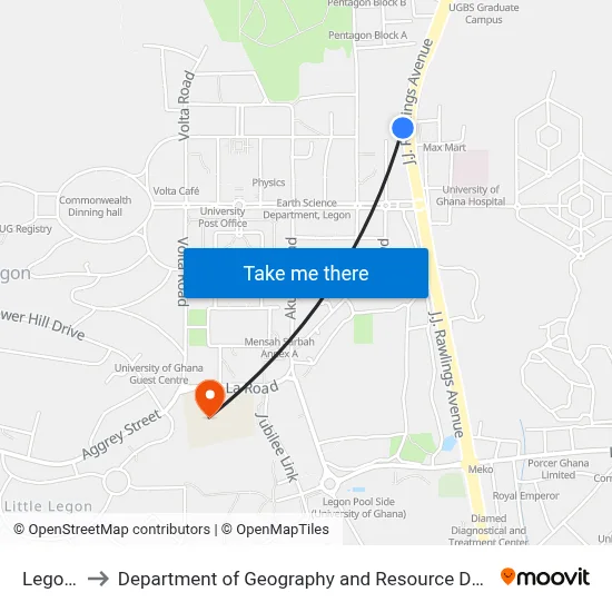 Legon First to Department of Geography and Resource Development, University of Ghana map