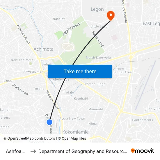 Ashfoam Junction to Department of Geography and Resource Development, University of Ghana map