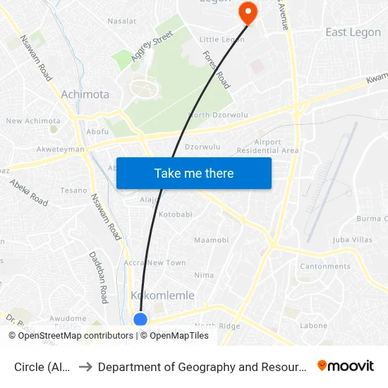 Circle (Alajo Station) to Department of Geography and Resource Development, University of Ghana map