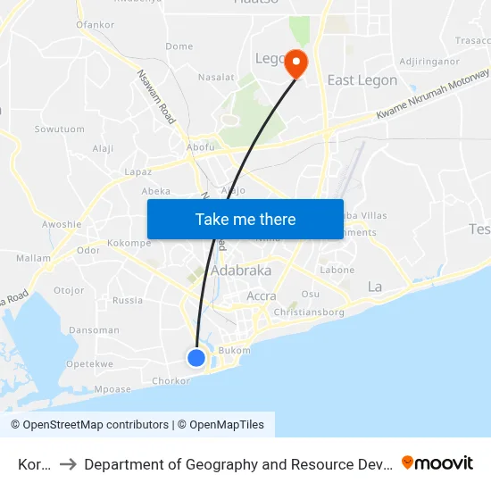 Korle Bu to Department of Geography and Resource Development, University of Ghana map