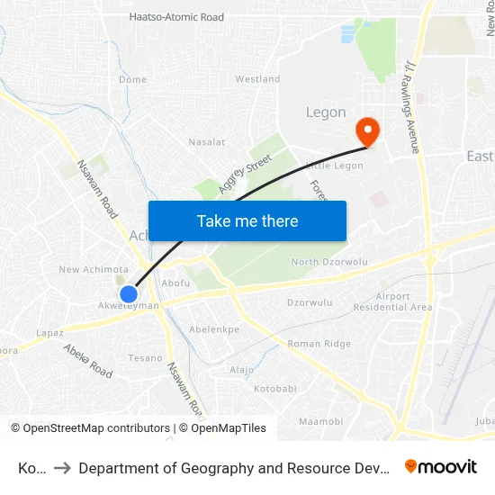 Kopevi to Department of Geography and Resource Development, University of Ghana map