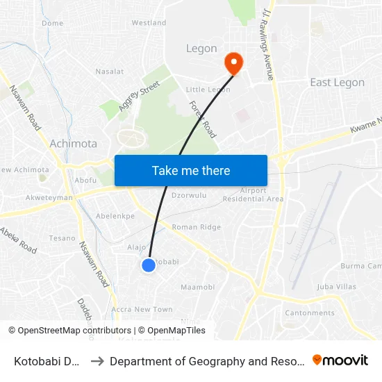 Kotobabi Down (Polo Park) to Department of Geography and Resource Development, University of Ghana map