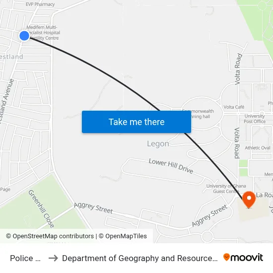Police Container to Department of Geography and Resource Development, University of Ghana map