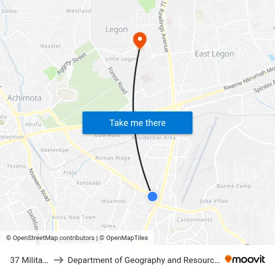 37 Military Hospital to Department of Geography and Resource Development, University of Ghana map