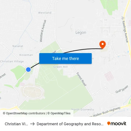 Christian Village Jucntion to Department of Geography and Resource Development, University of Ghana map