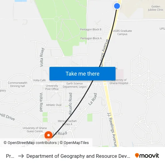 Presec to Department of Geography and Resource Development, University of Ghana map