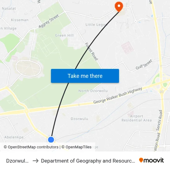 Dzorwulu Junction to Department of Geography and Resource Development, University of Ghana map