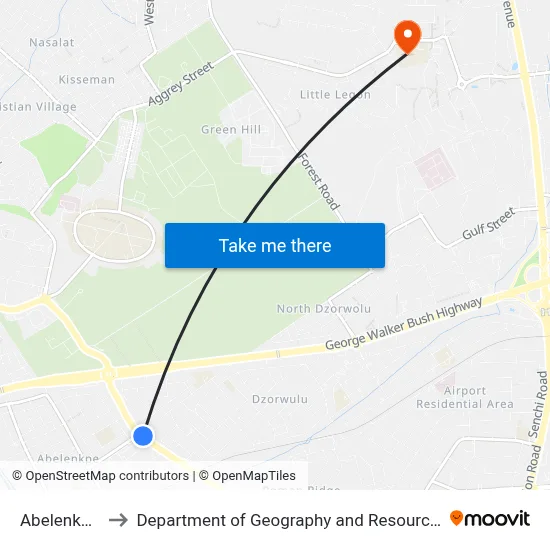 Abelenkpe Junction to Department of Geography and Resource Development, University of Ghana map