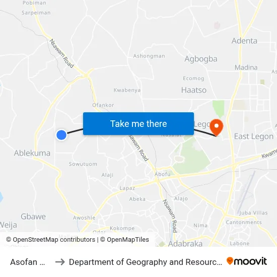 Asofan New Station to Department of Geography and Resource Development, University of Ghana map
