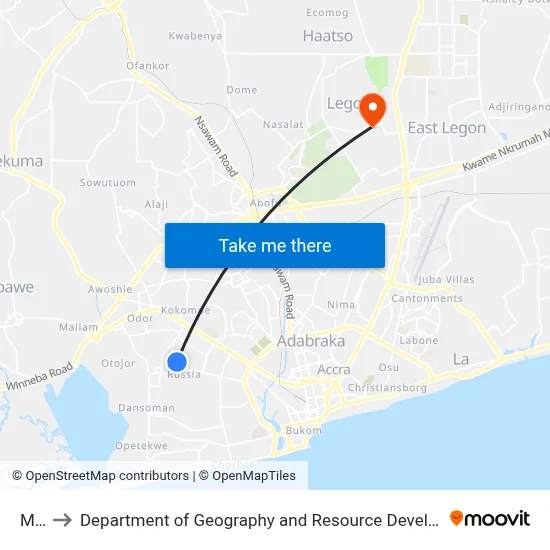 Mars to Department of Geography and Resource Development, University of Ghana map