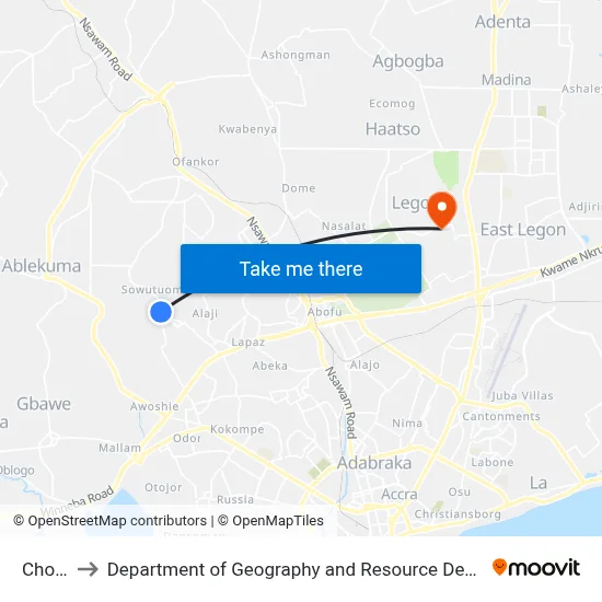 Chop Bar to Department of Geography and Resource Development, University of Ghana map