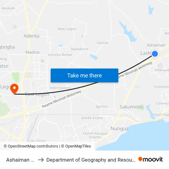 Ashaiman Police Station to Department of Geography and Resource Development, University of Ghana map