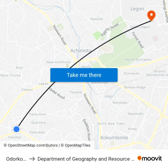 Odorkor Station to Department of Geography and Resource Development, University of Ghana map