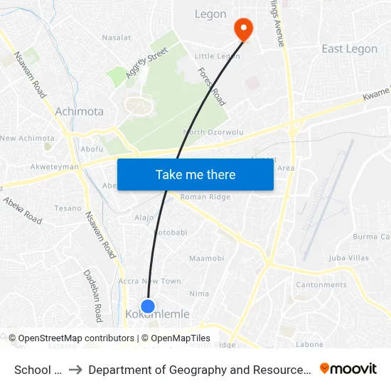 School Junction to Department of Geography and Resource Development, University of Ghana map
