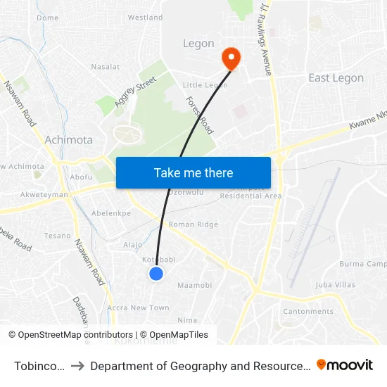 Tobinco Junction to Department of Geography and Resource Development, University of Ghana map
