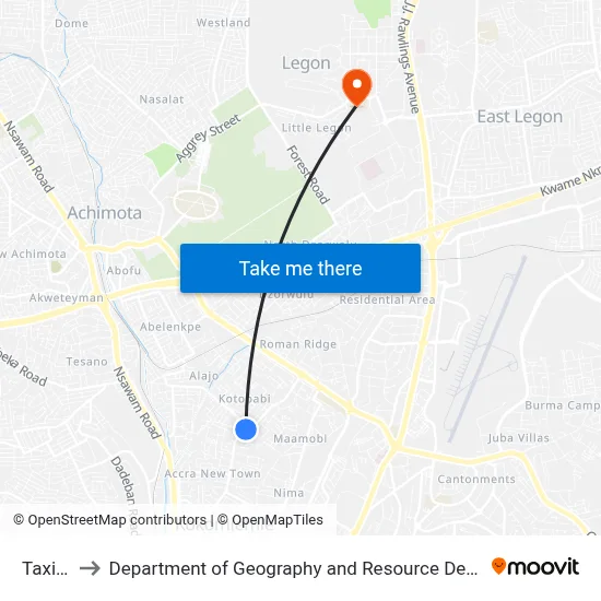 Taxi Rank to Department of Geography and Resource Development, University of Ghana map