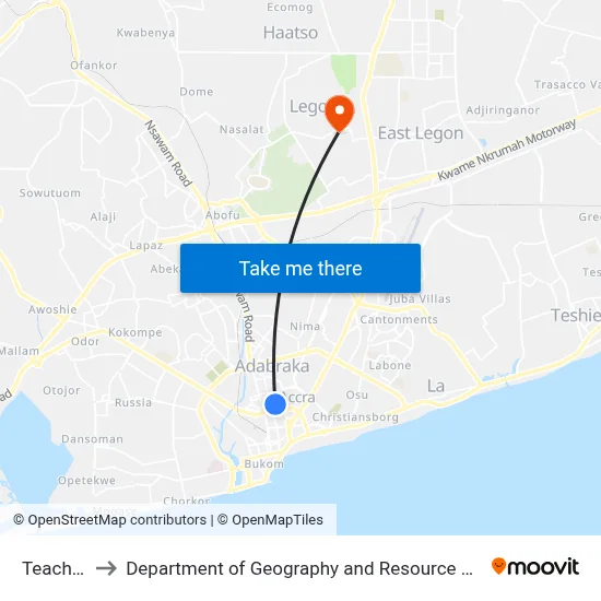 Teachers Hall to Department of Geography and Resource Development, University of Ghana map