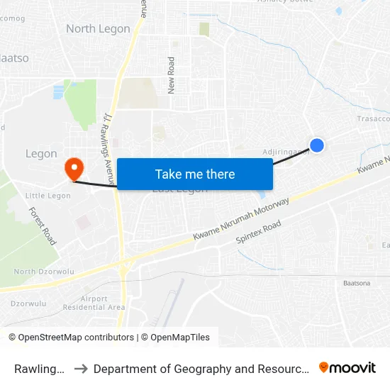 Rawlings Junction to Department of Geography and Resource Development, University of Ghana map