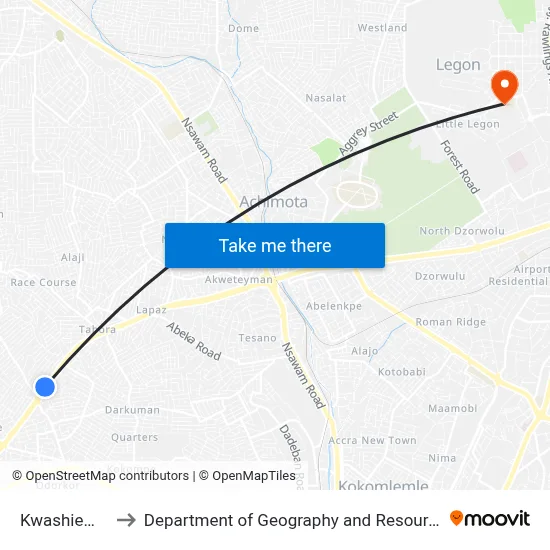 Kwashieman Junction to Department of Geography and Resource Development, University of Ghana map