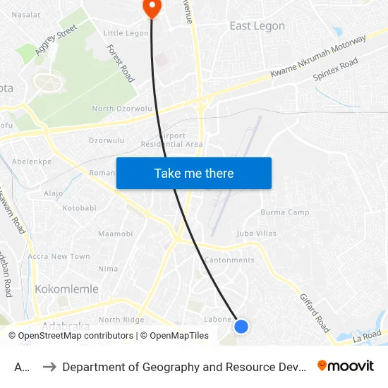 Amelia to Department of Geography and Resource Development, University of Ghana map