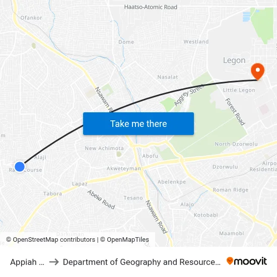 Appiah Junction to Department of Geography and Resource Development, University of Ghana map