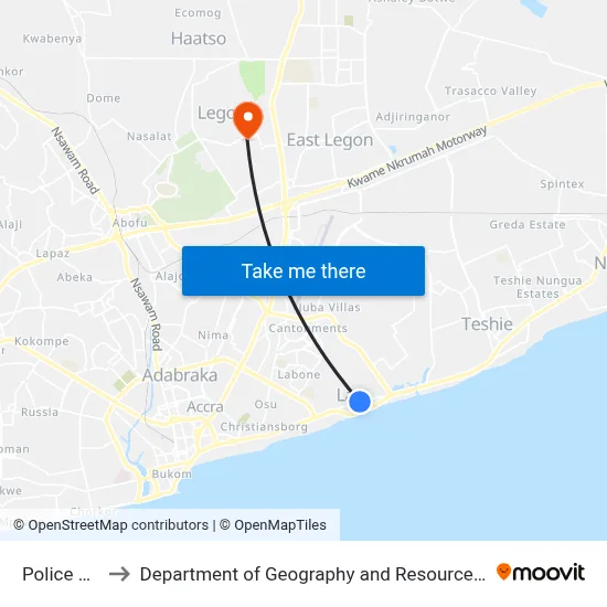 Police Station La to Department of Geography and Resource Development, University of Ghana map