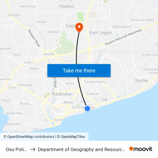 Osu Police Station to Department of Geography and Resource Development, University of Ghana map