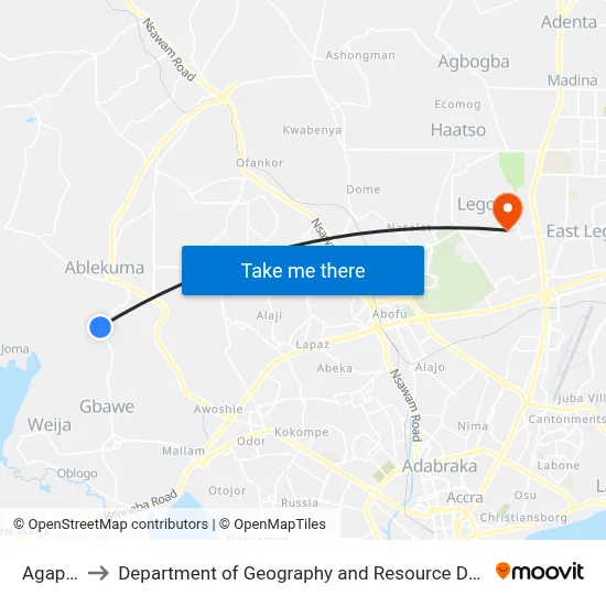 Agape Stop to Department of Geography and Resource Development, University of Ghana map