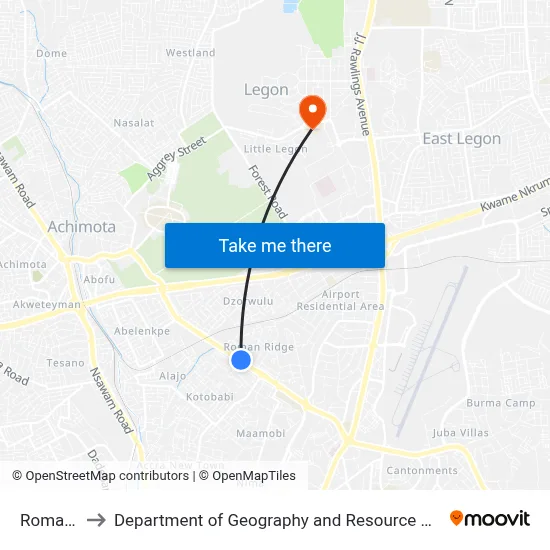 Roman Ridge to Department of Geography and Resource Development, University of Ghana map