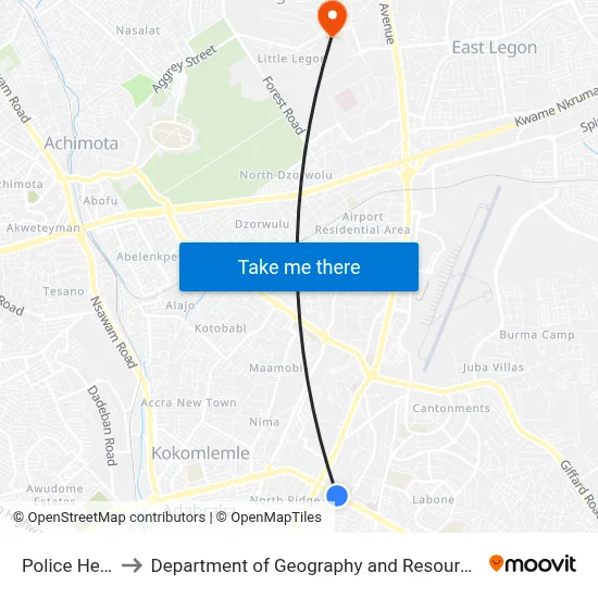 Police Headquarters to Department of Geography and Resource Development, University of Ghana map