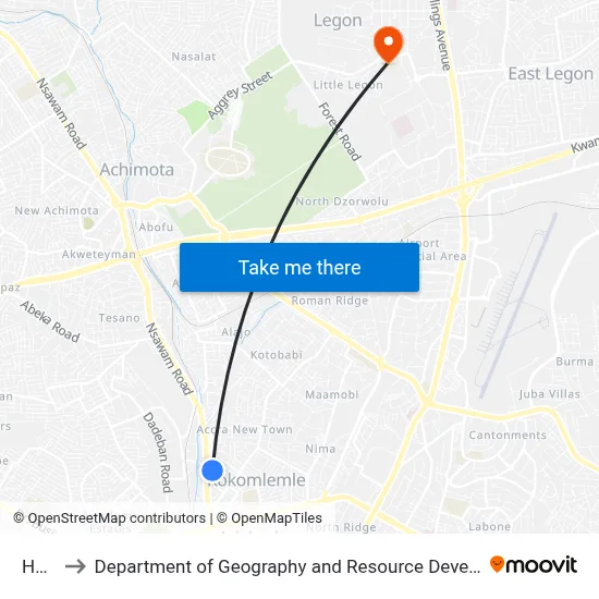Hubtel to Department of Geography and Resource Development, University of Ghana map