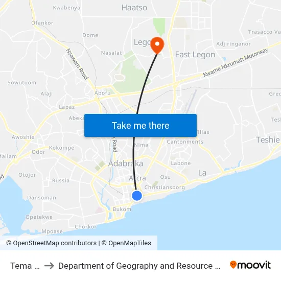 Tema Station to Department of Geography and Resource Development, University of Ghana map