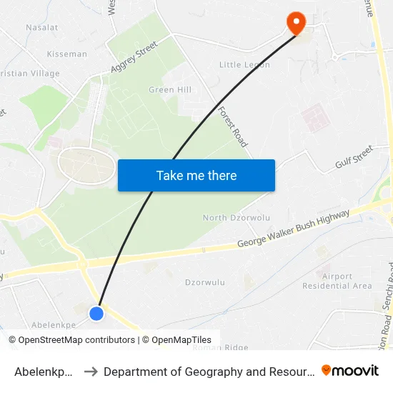 Abelenkpe Fire Station to Department of Geography and Resource Development, University of Ghana map