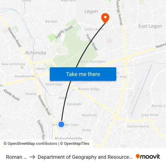 Roman Junction to Department of Geography and Resource Development, University of Ghana map