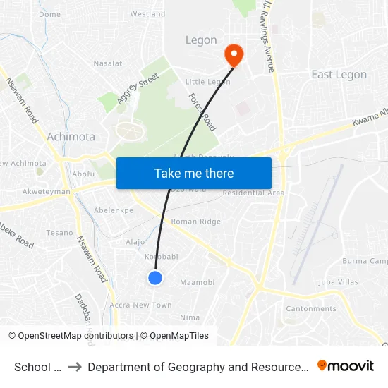 School Junction to Department of Geography and Resource Development, University of Ghana map