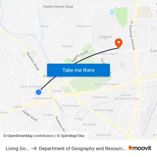 Living God Junction to Department of Geography and Resource Development, University of Ghana map