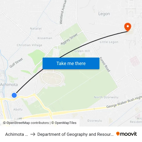 Achimota New Station to Department of Geography and Resource Development, University of Ghana map